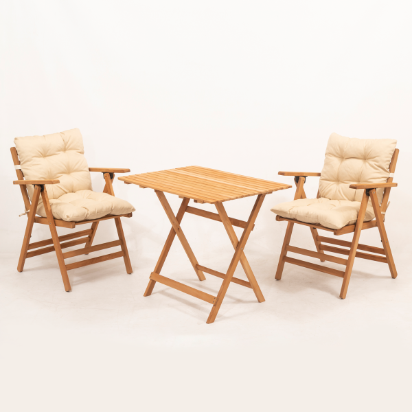 Minderli Loretta Masa Sandalye Seti 2+1 Ahşap Bahçe Balkon Teras Katlanır Set 60x80 Masa