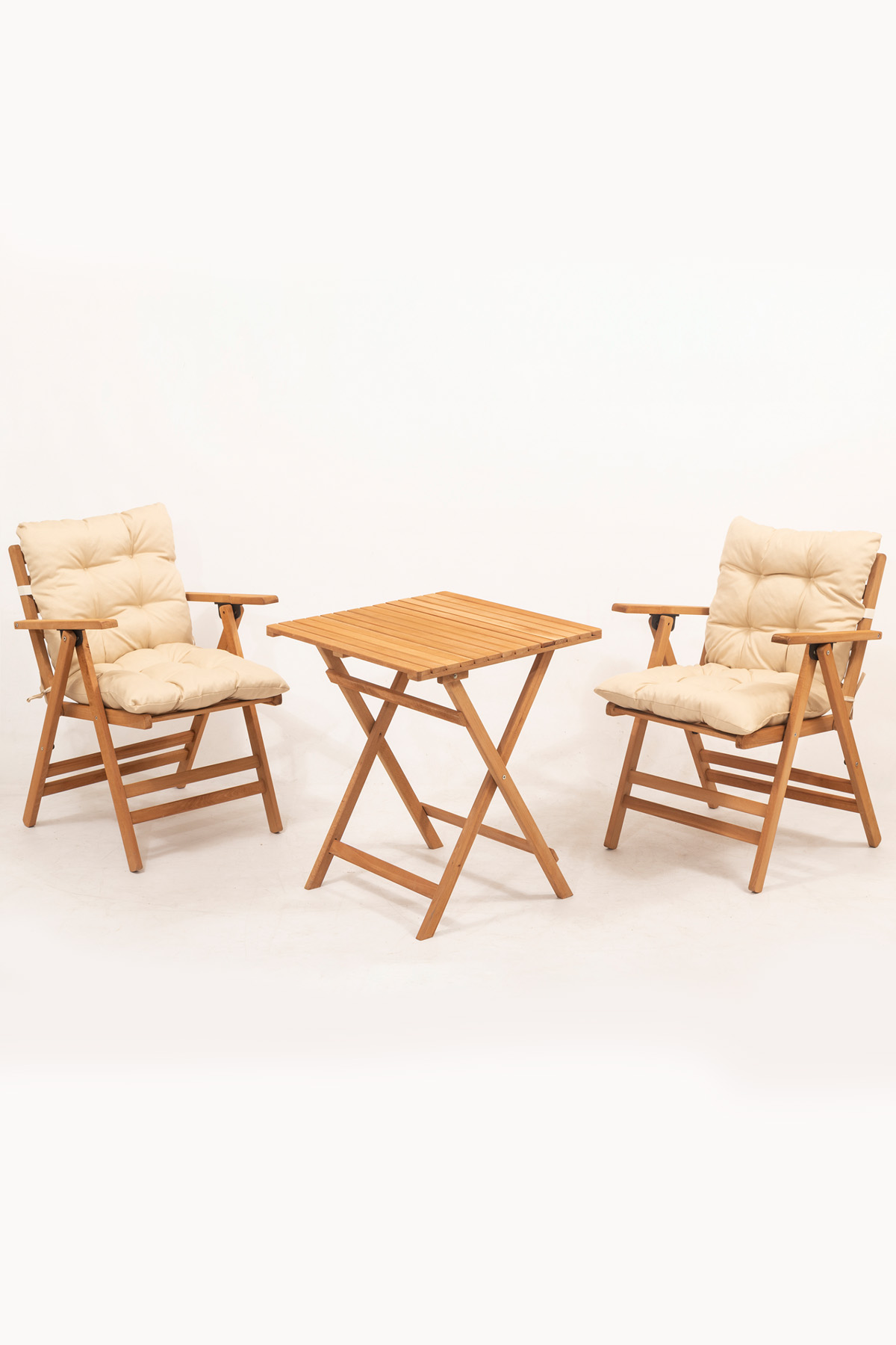 Minderli Loretta Masa Sandalye Seti 2+1 Ahşap Bahçe Balkon Teras Katlanır Set 60x60 Masa