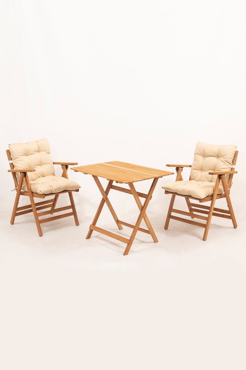 Minderli Loretta Masa Sandalye Seti 2+1 Ahşap Bahçe Balkon Teras Katlanır Set 60x80 Masa